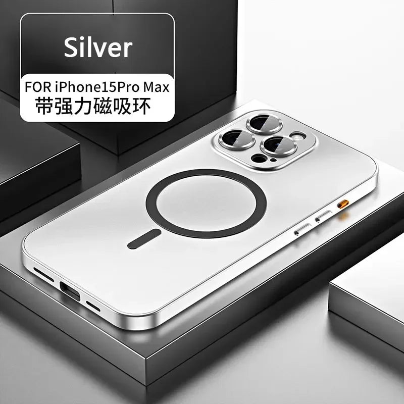 Luxury Magnetic Aluminium Case for iPhone 13–15 Pro Max | Full Body Protection with Glass Lens & PC Back | MagSafe Ready